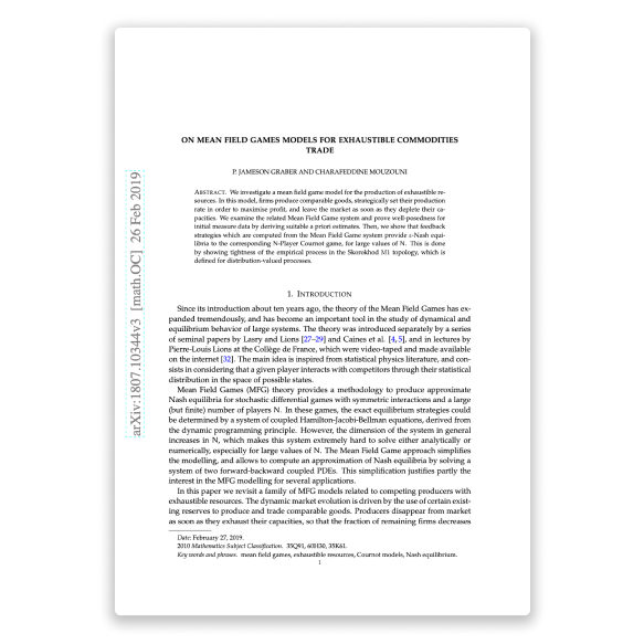 On mean field games models for exhaustible commodities trade — research by Charafeddine Mouzouni